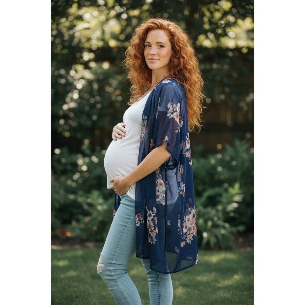 Liberty Love Maternity Womens Sheer Navy Blue Floral Kimono Duster Cardigan S